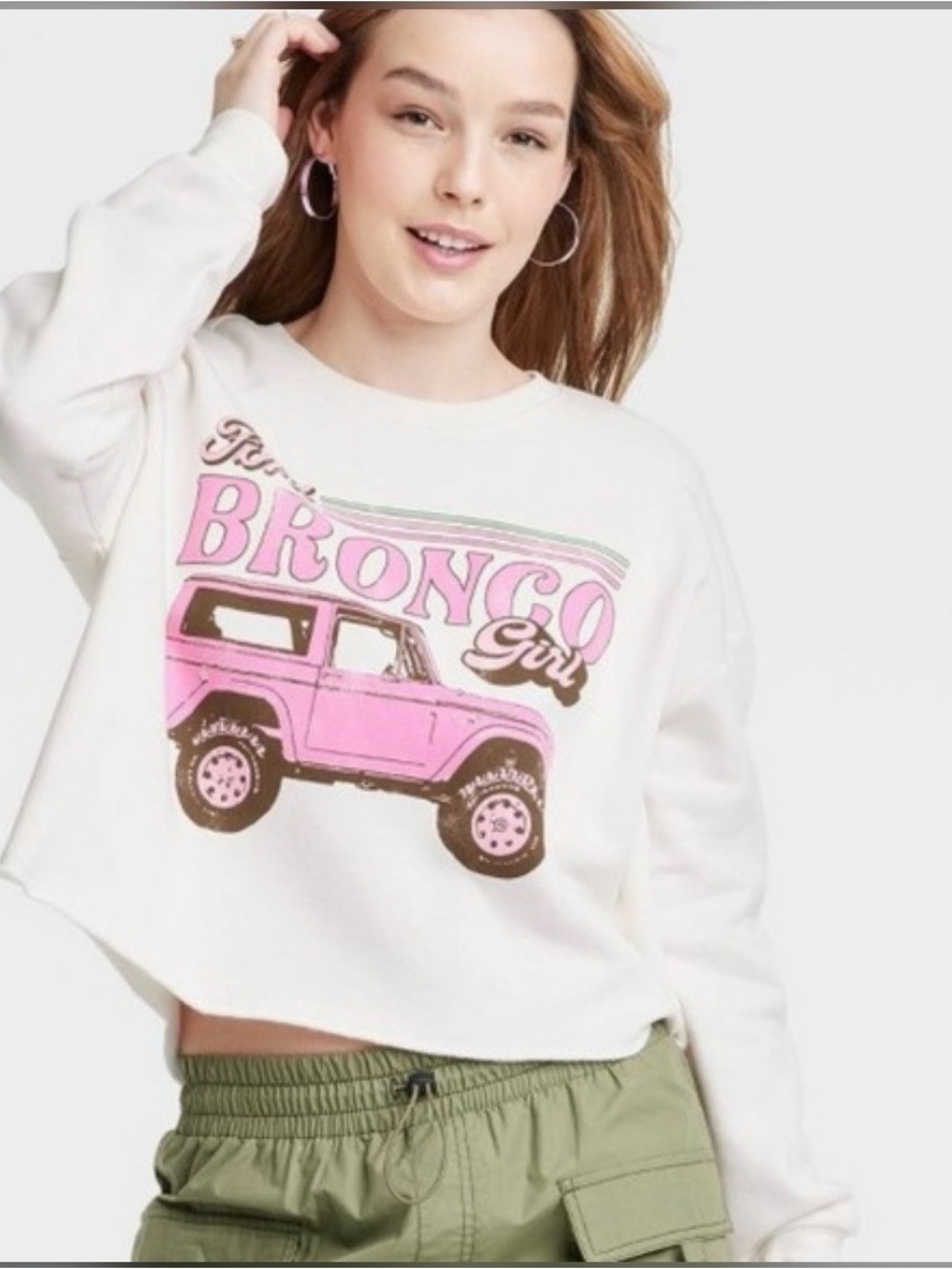 Grayson Threads White Cropped 'Bronco Girl' Sweatshirt with Pink Graphic